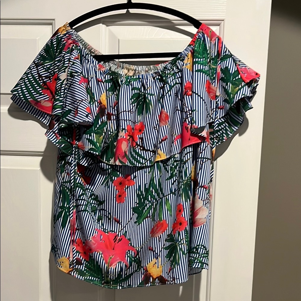CHARLIE B Green and Blue Flutter Sleeve Ruffled Blouse